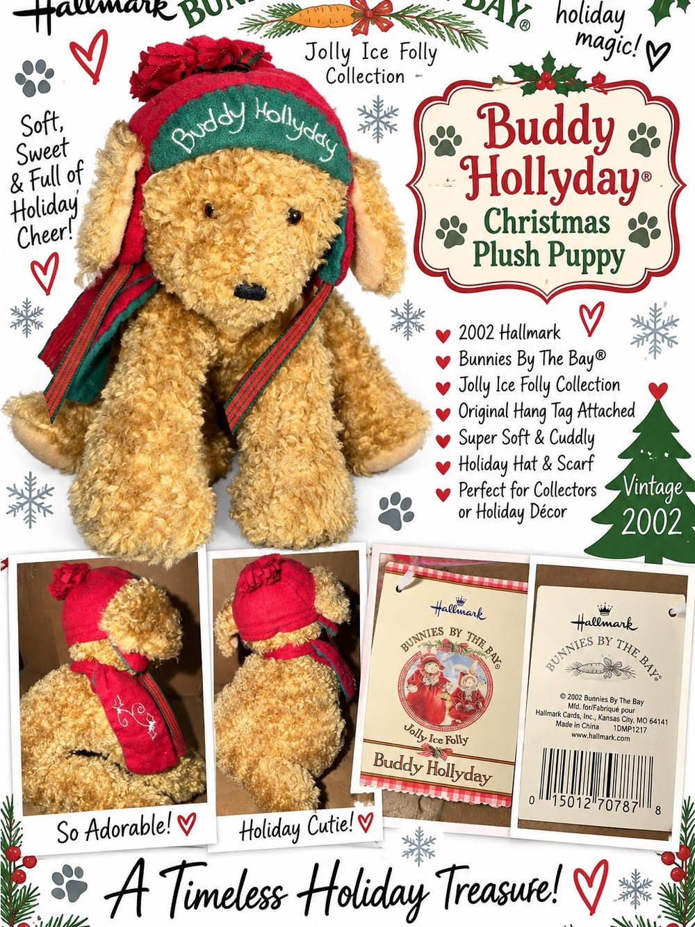 Vintage 2002 Hallmark Bunnies By The Bay Buddy Hollyday Christmas Dog Plush NWT